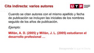 Datos/Observaciones
Cuando se citan autores con el mismo apellido y fecha
de publicación se incluyen las iniciales de los nombres
seguido de los años de publicación.
Ejemplo:
Millán, A. D. (2005) y Millán, J. L. (2005) estudiaron el
desarrollo profesional …
Cita indirecta: varios autores
 