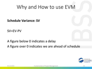 Why and How to use EVM
Schedule Variance: SV
SV=EV-PV
A figure below 0 indicates a delay
A figure over 0 indicates we are ahead of schedule
03.10.2019 Fundamentals of Project Management 10
 