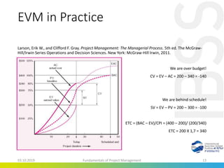 EVM in Practice
Larson, Erik W., and Clifford F. Gray. Project Management: The Managerial Process. 5th ed. The McGraw-
Hill/Irwin Series Operations and Decision Sciences. New York: McGraw-Hill Irwin, 2011.
We are over budget!
CV = EV – AC = 200 – 340 = -140
We are behind schedule!
SV = EV – PV = 200 – 300 = -100
ETC = (BAC – EV)/CPI = (400 – 200)/ (200/340)
ETC = 200 X 1,7 = 340
03.10.2019 Fundamentals of Project Management 13
 