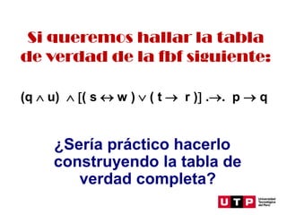 ¿Sería práctico hacerlo
construyendo la tabla de
verdad completa?
Si queremos hallar la tabla
de verdad de la fbf siguiente:
(q  u)  ( s  w )  ( t → r ) .→. p → q
 