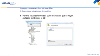Arquitectura y componentes > Entity Data Model (EDM)
3. Asistente de actualización de modelos
 Permite actualizar el modelo EDM después de que se hayan
realizado cambios en la BD
 