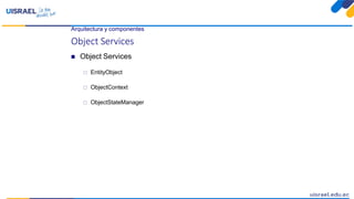 Arquitectura y componentes
Object Services
 Object Services
 EntityObject
 ObjectContext
 ObjectStateManager
 