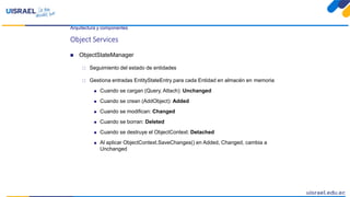 Arquitectura y componentes
Object Services
 ObjectStateManager
 Seguimiento del estado de entidades
 Gestiona entradas EntityStateEntry para cada Entidad en almacén en memoria
 Cuando se cargan (Query, Attach): Unchanged
 Cuando se crean (AddObject): Added
 Cuando se modifican: Changed
 Cuando se borran: Deleted
 Cuando se destruye el ObjectContext: Detached
 Al aplicar ObjectContext.SaveChanges() en Added, Changed, cambia a
Unchanged
 