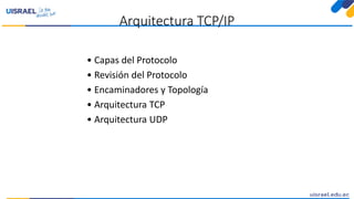 Arquitectura TCP/IP
• Capas del Protocolo
• Revisión del Protocolo
• Encaminadores y Topología
• Arquitectura TCP
• Arquitectura UDP
 