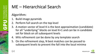 PRESENTED BY
ME – Hierarchical Search
Algorithm:
1. Build image pyramids
2. Perform full search on the top level
3. A motion vector of level K is the best approximation (candidate)
for all “underlying” blocks on level K+1 and can be in candidate
set for block on all subsequent levels
4. MVs refinement can be done by any template search
5. On the refinement step, N best matches can be passed to
subsequent levels to prevent the fall into the local minima
64
 