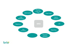 BRIO
Telephony
Data
completion
Life
CRM
Marketing
Fleet mngt
Claims
solutions
Product
under own
mngt
Reporting
Payment
sol...