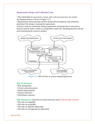 By Amal Khoja
Requirements, Design, and Verification Loops
• The relationship of requirements, design, and verification functions of a system
development process is shown in Figure 31.5.
• Requirements always precede and drive design and development, and verification
determine if the design is meeting the requirements.
• Iterative loops are continually refining requirements and design but at some point a
decision must be made to settle on a design that is made into something physical with the
goal of producing the system or product.
Figure 31.5. HSI activities in systems engineering process
HSI/ SE Interfaces:
• Risk management
• Critical system documents
• Shared representations
• Function allocation
• Performance measures
Risk Management: Decisions at critical milestones lead to four possible outcomes
• The risks are negligible
• The risks are acceptable
• The risks are high but addressable
• The risks are too high and not addressable
 