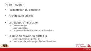 #JSS2014
• Présentation du contexte
• Architecture utilisée
• Les étapes d’installation
– Le déroulement
– La configuration
– Les points clés de l’installation de SharePoint
• La mise en œuvre du portail BI
– La configuration du portail BI
– La mise en place des projets BI dans SharePoint
Sommaire
 