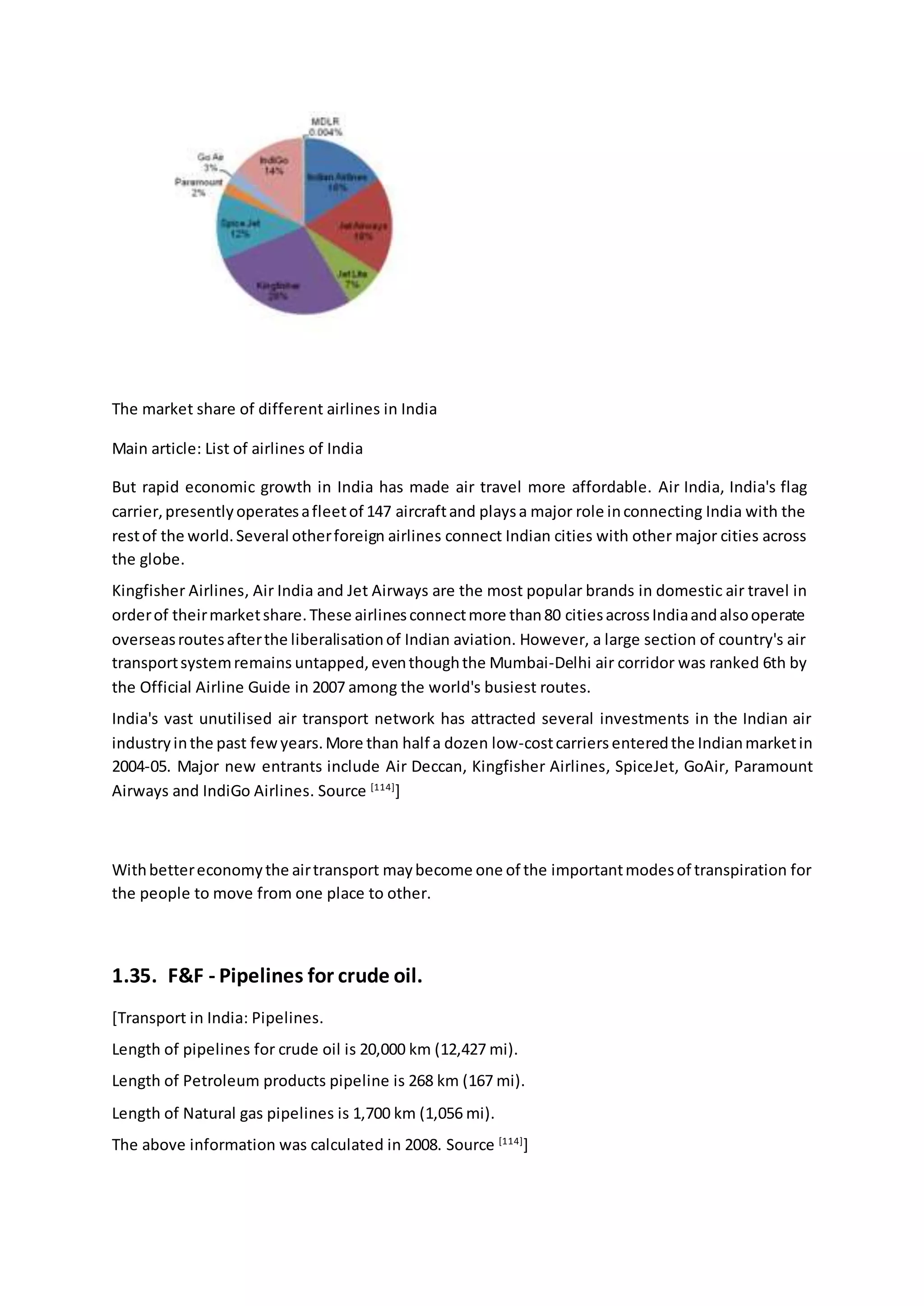 The market share of different airlines in India
Main article: List of airlines of India
But rapid economic growth in India has made air travel more affordable. Air India, India's flag
carrier,presentlyoperatesafleetof 147 aircraftand playsa major role inconnecting India with the
restof the world.Several otherforeign airlines connect Indian cities with other major cities across
the globe.
Kingfisher Airlines, Air India and Jet Airways are the most popular brands in domestic air travel in
orderof theirmarketshare.These airlinesconnectmore than80 citiesacrossIndiaandalsooperate
overseasroutesafterthe liberalisationof Indian aviation. However, a large section of country's air
transportsystemremains untapped,eventhoughthe Mumbai-Delhi air corridor was ranked 6th by
the Official Airline Guide in 2007 among the world's busiest routes.
India's vast unutilised air transport network has attracted several investments in the Indian air
industryinthe past fewyears.More than half a dozen low-costcarriers enteredthe Indianmarketin
2004-05. Major new entrants include Air Deccan, Kingfisher Airlines, SpiceJet, GoAir, Paramount
Airways and IndiGo Airlines. Source [114]
]
Withbettereconomythe airtransport maybecome one of the importantmodesof transpiration for
the people to move from one place to other.
1.35. F&F - Pipelines for crude oil.
[Transport in India: Pipelines.
Length of pipelines for crude oil is 20,000 km (12,427 mi).
Length of Petroleum products pipeline is 268 km (167 mi).
Length of Natural gas pipelines is 1,700 km (1,056 mi).
The above information was calculated in 2008. Source [114]
]
 