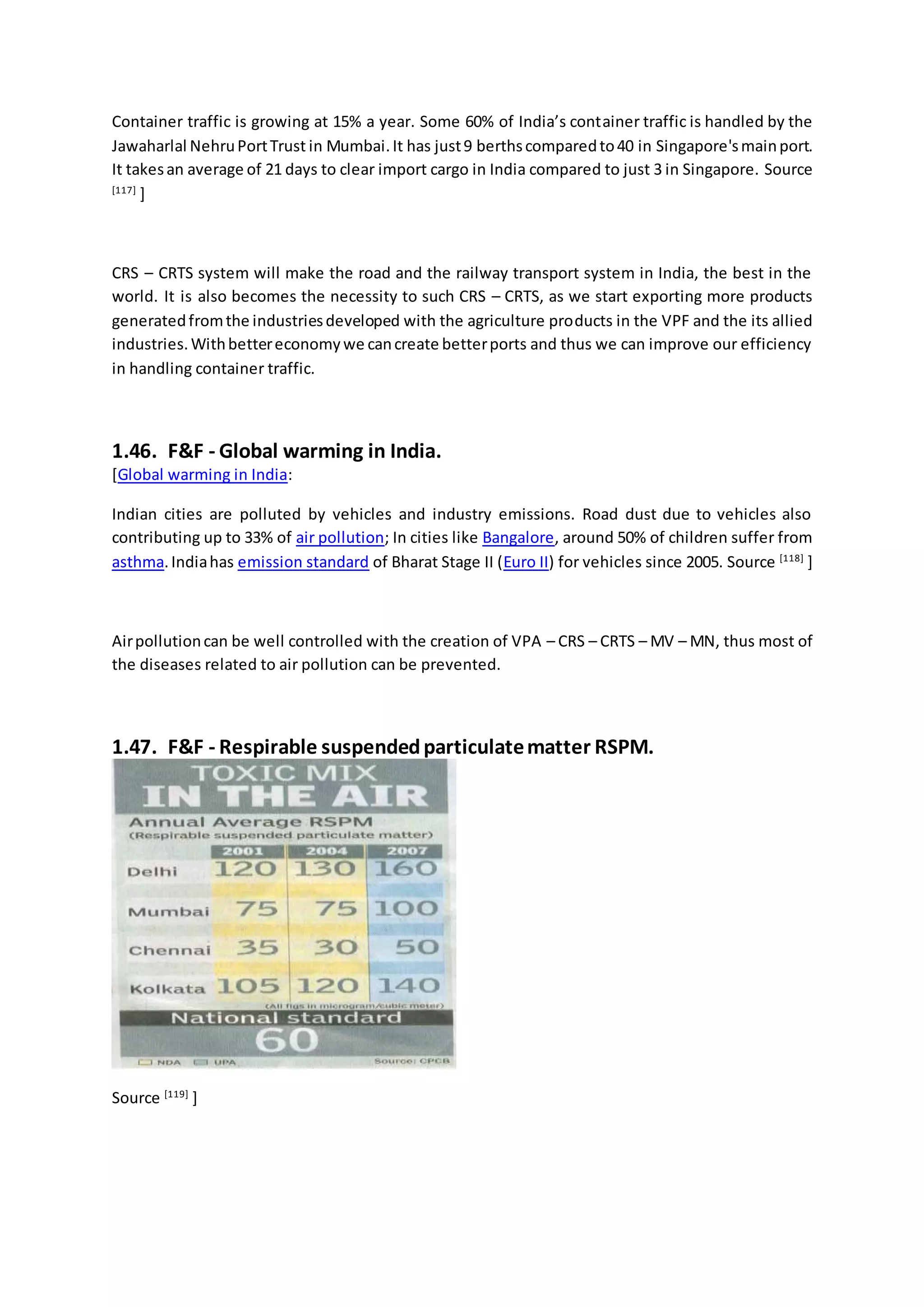 Container traffic is growing at 15% a year. Some 60% of India’s container traffic is handled by the
Jawaharlal NehruPortTrust in Mumbai.It has just9 berthscomparedto40 in Singapore'smainport.
It takesan average of 21 days to clear import cargo in India compared to just 3 in Singapore. Source
[117]
]
CRS – CRTS system will make the road and the railway transport system in India, the best in the
world. It is also becomes the necessity to such CRS – CRTS, as we start exporting more products
generatedfromthe industriesdeveloped with the agriculture products in the VPF and the its allied
industries.Withbettereconomywe cancreate betterports and thus we can improve our efficiency
in handling container traffic.
1.46. F&F - Global warming in India.
[Global warming in India:
Indian cities are polluted by vehicles and industry emissions. Road dust due to vehicles also
contributing up to 33% of air pollution; In cities like Bangalore, around 50% of children suffer from
asthma.Indiahas emission standard of Bharat Stage II (Euro II) for vehicles since 2005. Source [118]
]
Airpollutioncan be well controlled with the creation of VPA – CRS – CRTS – MV – MN, thus most of
the diseases related to air pollution can be prevented.
1.47. F&F - Respirable suspendedparticulatematter RSPM.
Source [119]
]
 