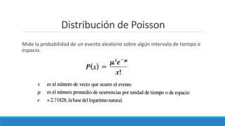 Distribución de Poisson
Mide la probabilidad de un evento aleatorio sobre algún intervalo de tiempo o
espacio.
 