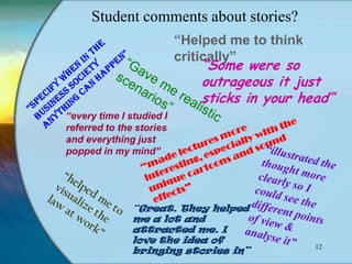 Student comments about stories?
                          “Helped me to think
                          critically”
                              “Some were so
                              outrageous it just
                              sticks in your head”
“every time I studied I
referred to the stories
and everything just
popped in my mind”




               “Great. They helped
               me a lot and
               attracted me. I
               love the idea of
                                                12
               bringing stories in”
 