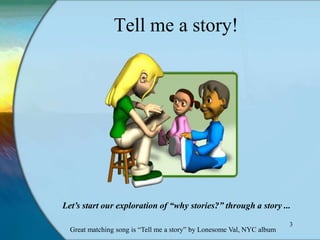 Tell me a story!




Let’s start our exploration of “why stories?” through a story ...

                                                                        3
  Great matching song is “Tell me a story” by Lonesome Val, NYC album
 