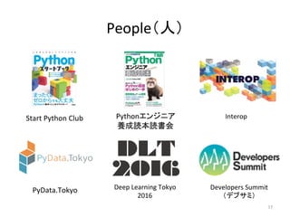 People（人）	
17	
Start	Python	Club	 Pythonエンジニア	
養成読本読書会	
PyData.Tokyo	 Deep	Learning	Tokyo		
2016	
Developers	Summit	
（デブサミ）	
Interop	
 