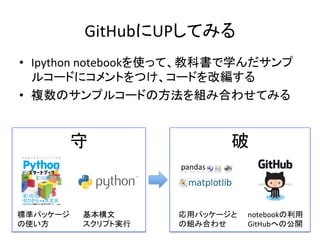 守	
GitHubにUPしてみる	
•  Ipython	notebookを使って、教科書で学んだサンプ
ルコードにコメントをつけ、コードを改編する	
•  複数のサンプルコードの方法を組み合わせてみる	
24	
標準パッケージ
の使い方	
基本構文	
スクリプト実行	
破	
応用パッケージと
の組み合わせ	
notebookの利用	
GitHubへの公開	
 