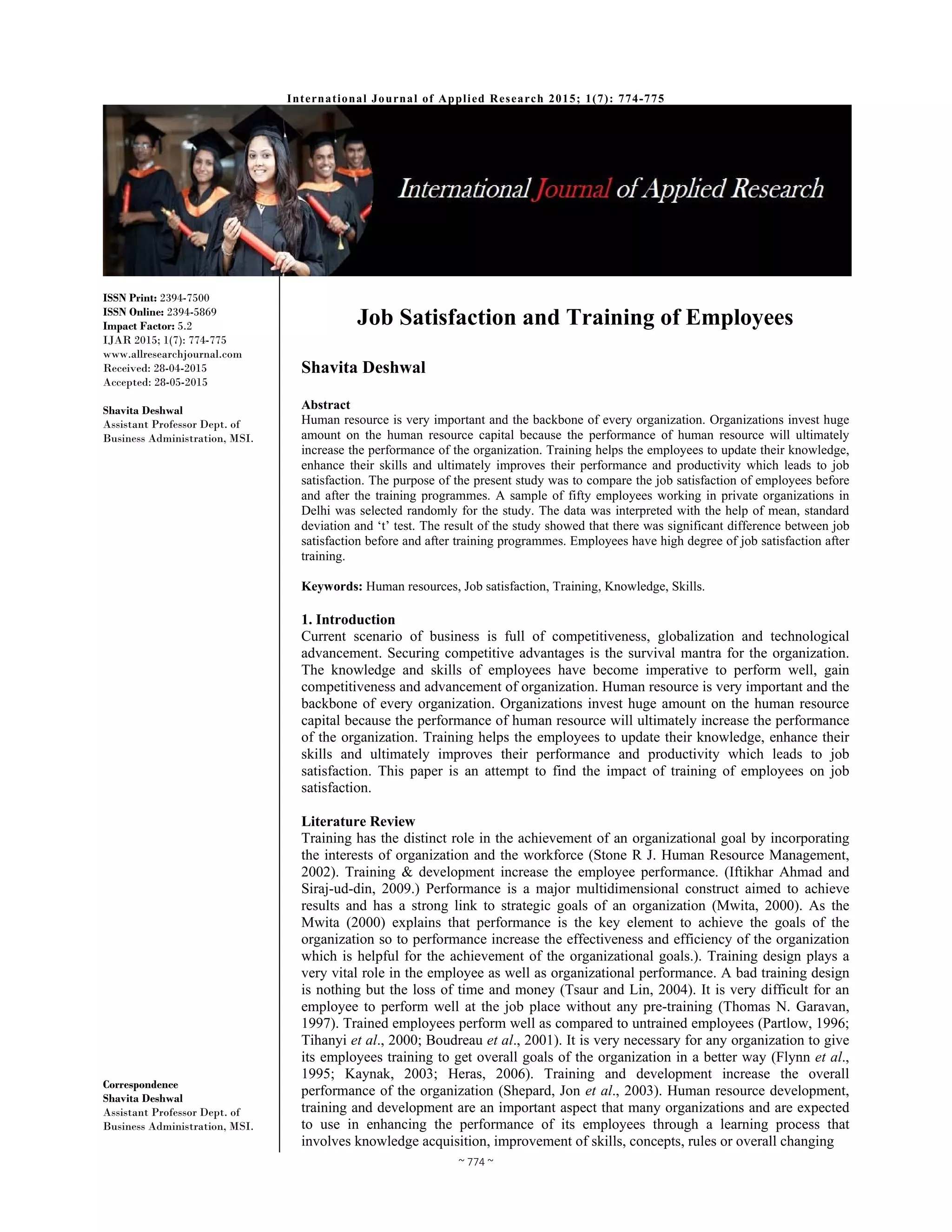 Job Satisfaction and Training of Employees | PDF