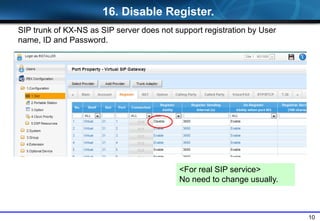 10
<For real SIP service>
No need to change usually.
16. Disable Register.
SIP trunk of KX-NS as SIP server does not support registration by User
name, ID and Password.
 