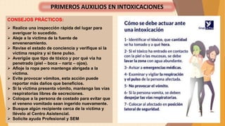CONSEJOS PRÁCTICOS:
 Realice una inspección rápida del lugar para
averiguar lo sucedido.
 Aleje a la víctima de la fuente de
envenenamiento.
 Revise el estado de conciencia y verifique si la
víctima respira y si tiene pulso.
 Averigüe que tipo de tóxico y por qué vía ha
penetrado (piel – boca – nariz – ojos).
 Afloje la ropa pero mantenga abrigada a la
víctima.
 Evite provocar vómitos, esta acción puede
reportar más daños que beneficios.
 Si la víctima presenta vómito, mantenga las vías
respiratorias libres de secreciones.
 Coloque a la persona de costado para evitar que
el veneno vomitado sean ingerido nuevamente.
 Busque algún recipiente cerca de la víctima y
llévelo al Centro Asistencial.
 Solicite ayuda Profesional y SEM
PRIMEROS AUXILIOS EN INTOXICACIONES
 