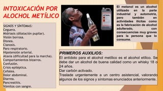 SIGNOS Y SÍNTOMAS:
Ceguera.
Midriasis (dilatación pupilar).
Visión borrosa.
Disnea.
Cianosis.
Paro respiratorio.
Hipotensión arterial.
Ataxia (dificultad para la marcha).
Comportamientos bizarros.
Confusión.
Crisis epiléptica.
Cefalea.
Dolor abdominal.
Diarrea.
Pancreatitis.
Vómitos con sangre.
21
PRIMEROS AUXILIOS:
El antídoto para el alcohol metílico es el alcohol etílico. Se
debe dar un alcohol de buena calidad como un whisky 18 o
24 años.
Dar carbón activado.
Traslade urgentemente a un centro asistencial, valorando
algunos de los signos y síntomas enunciados anteriormente.
INTOXICACIÓN POR
ALOCHOL METÍLICO
El metanol es un alcohol
utilizado en la parte
industrial y automotriz,
pero también en
actividades ilícitas como
es la fabricación de alcohol
adulterado, con
consecuencias muy graves
para la persona que lo
consume.
 