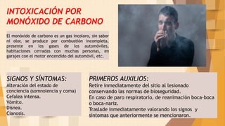 22
SIGNOS Y SÍNTOMAS:
Alteración del estado de
conciencia (somnolencia y coma)
Cefalea intensa.
Vómito.
Disnea.
Cianosis.
PRIMEROS AUXILIOS:
Retire inmediatamente del sitio al lesionado
conservando las normas de bioseguridad.
En caso de paro respiratorio, de reanimación boca-boca
o boca-nariz.
Traslade inmediatamente valorando los signos y
síntomas que anteriormente se mencionaron.
INTOXICACIÓN POR
MONÓXIDO DE CARBONO
El monóxido de carbono es un gas incoloro, sin sabor
ni olor, se produce por combustión incompleta,
presente en los gases de los automóviles,
habitaciones cerradas con muchas personas, en
garajes con el motor encendido del automóvil, etc.
 
