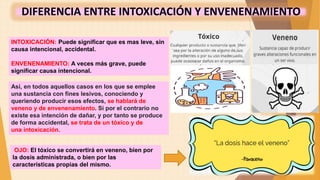 DIFERENCIA ENTRE INTOXICACIÓN Y ENVENENAMIENTO
Así, en todos aquellos casos en los que se emplee
una sustancia con fines lesivos, conociendo y
queriendo producir esos efectos, se hablará de
veneno y de envenenamiento. Si por el contrario no
existe esa intención de dañar, y por tanto se produce
de forma accidental, se trata de un tóxico y de
una intoxicación.
OJO: El tóxico se convertirá en veneno, bien por
la dosis administrada, o bien por las
características propias del mismo.
INTOXICACIÓN: Puede significar que es mas leve, sin
causa intencional, accidental.
ENVENENAMIENTO: A veces más grave, puede
significar causa intencional.
 