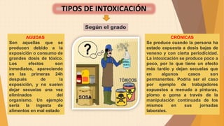 AGUDAS
Son aquellas que se
producen debido a la
exposición o consumo de
grandes dosis de tóxico.
Los efectos son
inmediatos, apareciendo
en las primeras 24h
después de la
exposición, y no suelen
dejar secuelas una vez
eliminados del
organismo. Un ejemplo
sería la ingesta de
alimentos en mal estado
CRÓNICAS
Se produce cuando la persona ha
estado expuesta a dosis bajas de
veneno y con cierta periodicidad.
La intoxicación se produce poco a
poco, por lo que tiene un efecto
más tardío y dejan secuelas que
en algunos casos son
permanentes. Podría ser el caso
por ejemplo de trabajadores
expuestos a menudo a pinturas,
plomo o goma a través de la
manipulación continuada de los
mismos en sus jornadas
laborales.
TIPOS DE INTOXICACIÓN
Según el grado
 