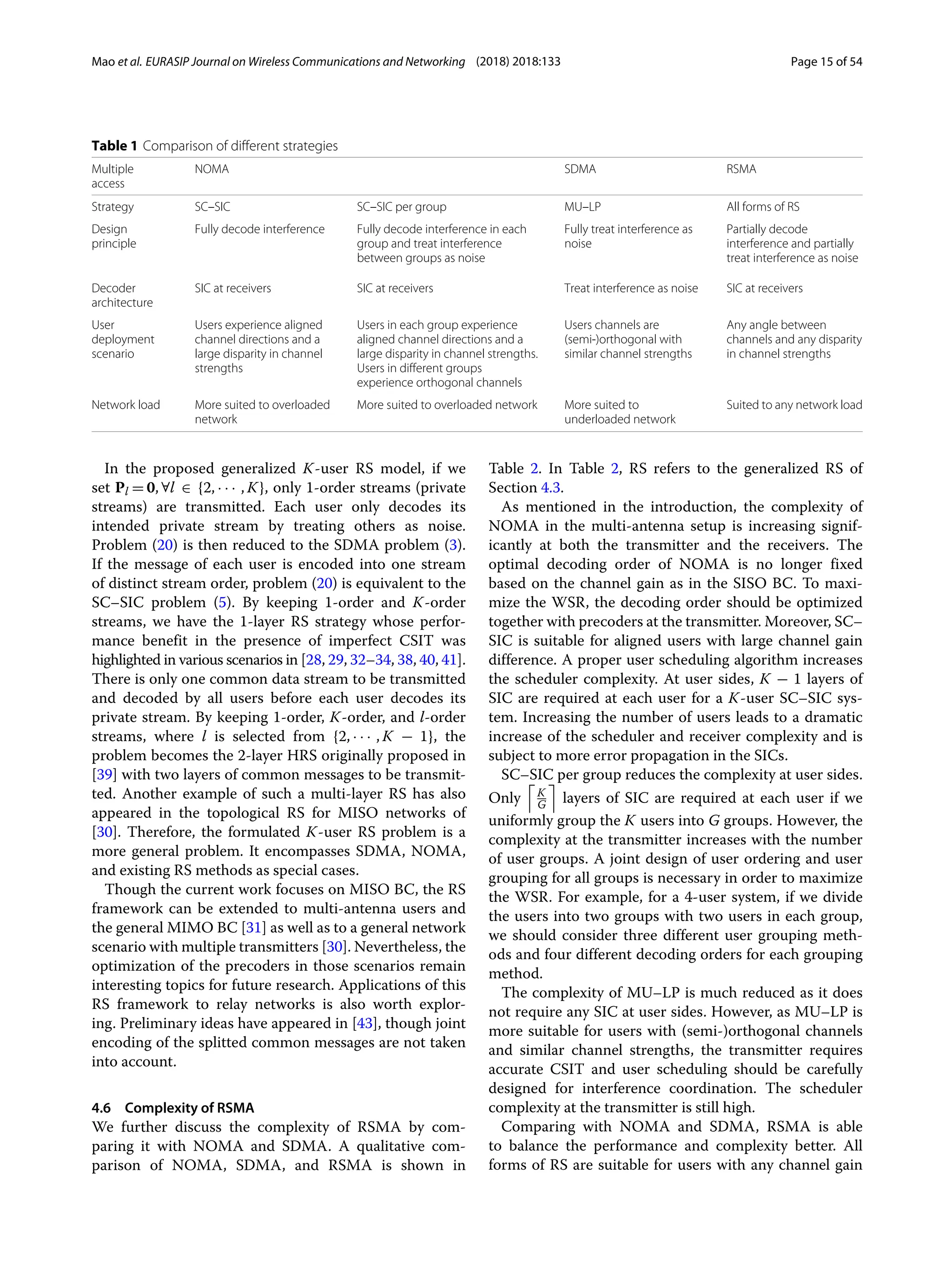 Mao et al. EURASIP Journal on Wireless Communications and Networking (2018) 2018:133 Page 15 of 54
Table 1 Comparison of different strategies
Multiple
access
NOMA SDMA RSMA
Strategy SC–SIC SC–SIC per group MU–LP All forms of RS
Design
principle
Fully decode interference Fully decode interference in each
group and treat interference
between groups as noise
Fully treat interference as
noise
Partially decode
interference and partially
treat interference as noise
Decoder
architecture
SIC at receivers SIC at receivers Treat interference as noise SIC at receivers
User
deployment
scenario
Users experience aligned
channel directions and a
large disparity in channel
strengths
Users in each group experience
aligned channel directions and a
large disparity in channel strengths.
Users in different groups
experience orthogonal channels
Users channels are
(semi-)orthogonal with
similar channel strengths
Any angle between
channels and any disparity
in channel strengths
Network load More suited to overloaded
network
More suited to overloaded network More suited to
underloaded network
Suited to any network load
In the proposed generalized K-user RS model, if we
set Pl = 0, ∀l ∈ {2, · · · , K}, only 1-order streams (private
streams) are transmitted. Each user only decodes its
intended private stream by treating others as noise.
Problem (20) is then reduced to the SDMA problem (3).
If the message of each user is encoded into one stream
of distinct stream order, problem (20) is equivalent to the
SC–SIC problem (5). By keeping 1-order and K-order
streams, we have the 1-layer RS strategy whose perfor-
mance benefit in the presence of imperfect CSIT was
highlighted in various scenarios in [28, 29, 32–34, 38, 40, 41].
There is only one common data stream to be transmitted
and decoded by all users before each user decodes its
private stream. By keeping 1-order, K-order, and l-order
streams, where l is selected from {2, · · · , K − 1}, the
problem becomes the 2-layer HRS originally proposed in
[39] with two layers of common messages to be transmit-
ted. Another example of such a multi-layer RS has also
appeared in the topological RS for MISO networks of
[30]. Therefore, the formulated K-user RS problem is a
more general problem. It encompasses SDMA, NOMA,
and existing RS methods as special cases.
Though the current work focuses on MISO BC, the RS
framework can be extended to multi-antenna users and
the general MIMO BC [31] as well as to a general network
scenario with multiple transmitters [30]. Nevertheless, the
optimization of the precoders in those scenarios remain
interesting topics for future research. Applications of this
RS framework to relay networks is also worth explor-
ing. Preliminary ideas have appeared in [43], though joint
encoding of the splitted common messages are not taken
into account.
4.6 Complexity of RSMA
We further discuss the complexity of RSMA by com-
paring it with NOMA and SDMA. A qualitative com-
parison of NOMA, SDMA, and RSMA is shown in
Table 2. In Table 2, RS refers to the generalized RS of
Section 4.3.
As mentioned in the introduction, the complexity of
NOMA in the multi-antenna setup is increasing signif-
icantly at both the transmitter and the receivers. The
optimal decoding order of NOMA is no longer fixed
based on the channel gain as in the SISO BC. To maxi-
mize the WSR, the decoding order should be optimized
together with precoders at the transmitter. Moreover, SC–
SIC is suitable for aligned users with large channel gain
difference. A proper user scheduling algorithm increases
the scheduler complexity. At user sides, K − 1 layers of
SIC are required at each user for a K-user SC–SIC sys-
tem. Increasing the number of users leads to a dramatic
increase of the scheduler and receiver complexity and is
subject to more error propagation in the SICs.
SC–SIC per group reduces the complexity at user sides.
Only

K
G

layers of SIC are required at each user if we
uniformly group the K users into G groups. However, the
complexity at the transmitter increases with the number
of user groups. A joint design of user ordering and user
grouping for all groups is necessary in order to maximize
the WSR. For example, for a 4-user system, if we divide
the users into two groups with two users in each group,
we should consider three different user grouping meth-
ods and four different decoding orders for each grouping
method.
The complexity of MU–LP is much reduced as it does
not require any SIC at user sides. However, as MU–LP is
more suitable for users with (semi-)orthogonal channels
and similar channel strengths, the transmitter requires
accurate CSIT and user scheduling should be carefully
designed for interference coordination. The scheduler
complexity at the transmitter is still high.
Comparing with NOMA and SDMA, RSMA is able
to balance the performance and complexity better. All
forms of RS are suitable for users with any channel gain
 