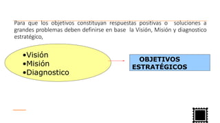 Para que los objetivos constituyan respuestas positivas o soluciones a
grandes problemas deben definirse en base la Visión, Misión y diagnostico
estratégico,
•Visión
•Misión
•Diagnostico
OBJETIVOS
ESTRATÉGICOS
 
