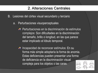 2. Alteraciones CentralesLesiones del córtex visual secundario y terciarioPerturbaciones visuoperceptualesPerturbaciones en la discriminación de estímulos complejos: Son dificultades en la discriminación del tamaño, brillo o longitud, en las que parece estar implicado el lóbulo temporal.Incapacidad de reconocer estímulos: En su forma más simple adoptaría la forma de anomia. Estas deficiencias pueden presentar una forma de deficiencia en la discriminación visual compleja para los objetos o las caras.