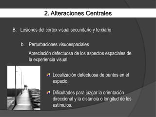 2. Alteraciones CentralesLesiones del córtex visual secundario y terciarioPerturbaciones visuoespacialesApreciación defectuosa de los aspectos espaciales de la experiencia visual.Localización defectuosa de puntos en el espacio.Dificultades para juzgar la orientación direccional y la distancia o longitud de los estímulos.