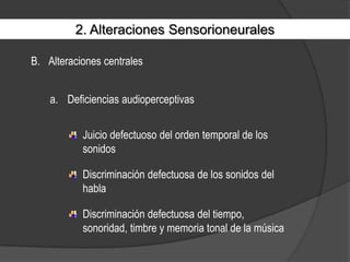 2. Alteraciones SensorioneuralesAlteraciones centralesDeficiencias audioperceptivasJuicio defectuoso del orden temporal de los sonidosDiscriminación defectuosa de los sonidos del hablaDiscriminación defectuosa del tiempo, sonoridad, timbre y memoria tonal de la música