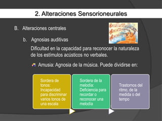 2. Alteraciones SensorioneuralesAlteraciones centralesAgnosias auditivasDificultad en la capacidad para reconocer la naturaleza de los estímulos acústicos no verbales.Amusia: Agnosia de la música. Puede dividirse en: