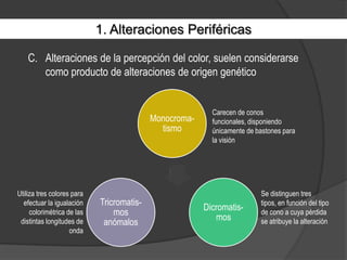 1. Alteraciones PeriféricasAlteraciones de la percepción del color, suelen considerarse como producto de alteraciones de origen genéticoCarecen de conos funcionales, disponiendo únicamente de bastones para la visiónSe distinguen tres tipos, en función del tipo de cono a cuya pérdida se atribuye la alteraciónUtiliza tres colores para efectuar la igualación colorimétrica de las distintas longitudes de onda