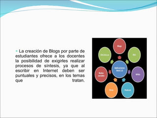 La creación de Blogs por parte de estudiantes ofrece a los docentes la posibilidad de exigirles realizar procesos de síntesis, ya que al escribir en Internet deben ser puntuales y precisos, en los temas que tratan. 