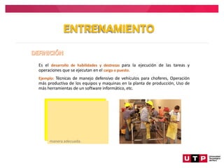 ENTRENAMIENTO
Es el desarrollo de habilidades y destrezas para la ejecución de las tareas y
operaciones que se ejecutan en el cargo o puesto.
Ejemplo: Técnicas de manejo defensivo de vehículos para choferes, Operación
más productiva de los equipos y maquinas en la planta de producción, Uso de
más herramientas de un software informático, etc.
Sus objetivos se sitúan a corto
plazo, son limitados e
inmediatos.
Buscan dar al individuo los
elementos para el ejercicio de
un cargo y preparándolo de
manera adecuada.
 