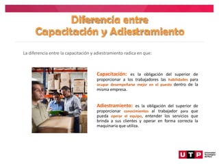 Diferencia entre
Capacitación y Adies
tramiento
Capacitación: es la obligación del superior de
proporcionar a los trabajadores las habilidades para
ocupar desempeñarse mejor en el puesto dentro de la
misma empresa.
Adiestramiento: es la obligación del superior de
proporcionar conocimientos al trabajador para que
pueda operar el equipo, entender los servicios que
brinda a sus clientes y operar en forma correcta la
maquinaria que utiliza.
La diferencia entre la capacitación y adiestramiento radica en que:
 