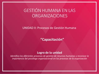 GESTIÓN HUMANA EN LAS
ORGANIZACIONES
Logro de la unidad
Identifica los diferentes procesos de gestión de recursos humanos y reconoce la
importancia del psicólogo organizacional en los procesos de la organización
UNIDAD II: Procesos de Gestión Humana
“Capacitación”
 
