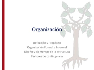 Organización
Definición y Propósito
Organización Formal e Informal
Diseño y elementos de la estructura
Factores de contingencia
 