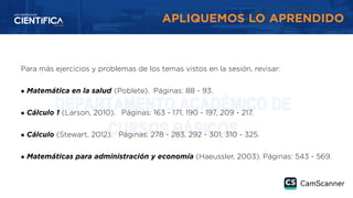 APLIQUEMOS LO APRENDIDO
Para más ejercicios y problemas de los temas vistos en la sesión, revisar:
• Matemática en la salud (Poblete). Páginas: 88 - 93.
• Cálculo 1 (Larson, 2010). Páginas: 163 - 171, 190 - 197, 209 - 217.
• Cálculo (Stewart, 2012). Páginas: 278 - 283, 292 - 301, 310 - 325.
• Matemáticas para administración y economía (Haeussler, 2003). Páginas: 543 - 569.
 