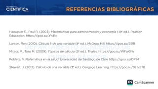 REFERENCIAS BIBLIOGRÁFICAS
Haeussler E., Paul R. (2003). Matemáticas para administración y economía (10𝑎
ed.). Pearson
Educación. https://goo.su/zY41x
Larson, Ron (2010). Cálculo 1: de una variable (9𝑎
ed.). McGraw Hill. https://goo.su/S5IB
Mitacc M., Toro M. (2009). Tópicos de cálculo (3𝑎
ed.). Thales. https://goo.su/WFal6Nv
Poblete, V. Matemática en la salud. Universidad de Santiago de Chile https://goo.su/DP94
Stewart, J. (2012). Cálculo de una variable (7𝑎
ed.). Cengage Learning. https://goo.su/0Lbj5T8
 
