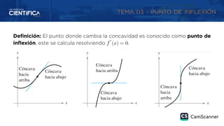TEMA 03 - PUNTO DE INFLEXIÓN
Definición: El punto donde cambia la concavidad es conocido como punto de
inflexión, este se calcula resolviendo 𝑓″
(𝑥) = 0.
 