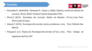 Datos/Observaciones
Fuentes
• Kosmatka S., Kerkhoff B., Panarese W., Tanesi J. (2004). Diseño y control de mezclas de
concreto. Illinois, EEUU: Portland Cement Association PCA.
• Rivva E. (2015). Tecnología del concreto, Diseño de Mezclas. (3ª ed.) Lima, Perú:
Rivva López Enrique.
• Abanto F. (2016). Tecnología del concreto, teoría y problemas. Lima, Perú: Editorial San
Marcos.
• Pasquel E. (s.f.). Tópicos de Tecnología del concreto. (2ª ed.). Lima, Perú: Colegio de
Ingenieros del Perú CIP.
 