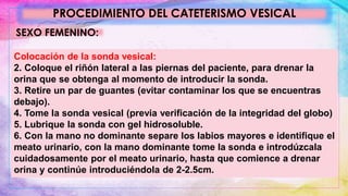 PROCEDIMIENTO DEL CATETERISMO VESICAL
SEXO FEMENINO:
Colocación de la sonda vesical:
2. Coloque el riñón lateral a las piernas del paciente, para drenar la
orina que se obtenga al momento de introducir la sonda.
3. Retire un par de guantes (evitar contaminar los que se encuentras
debajo).
4. Tome la sonda vesical (previa verificación de la integridad del globo)
5. Lubrique la sonda con gel hidrosoluble.
6. Con la mano no dominante separe los labios mayores e identifique el
meato urinario, con la mano dominante tome la sonda e introdúzcala
cuidadosamente por el meato urinario, hasta que comience a drenar
orina y continúe introduciéndola de 2-2.5cm.
 