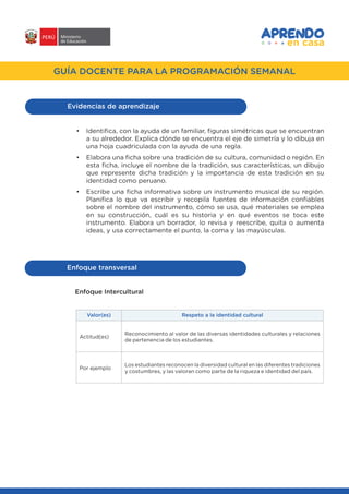 #APRENDOENCASA
GUÍA DOCENTE PARA LA PROGRAMACIÓN SEMANAL
Enfoque transversal
Enfoque Intercultural
Respeto a la identidad culturalValor(es)
Actitud(es)
Por ejemplo
Reconocimiento al valor de las diversas identidades culturales y relaciones
de pertenencia de los estudiantes.
Los estudiantes reconocen la diversidad cultural en las diferentes tradiciones
y costumbres, y las valoran como parte de la riqueza e identidad del país.
•	 Identifica, con la ayuda de un familiar, figuras simétricas que se encuentran
a su alrededor. Explica dónde se encuentra el eje de simetría y lo dibuja en
una hoja cuadriculada con la ayuda de una regla.
•	 Elabora una ficha sobre una tradición de su cultura, comunidad o región. En
esta ficha, incluye el nombre de la tradición, sus características, un dibujo
que represente dicha tradición y la importancia de esta tradición en su
identidad como peruano.
•	 Escribe una ficha informativa sobre un instrumento musical de su región.
Planifica lo que va escribir y recopila fuentes de información confiables
sobre el nombre del instrumento, cómo se usa, qué materiales se emplea
en su construcción, cuál es su historia y en qué eventos se toca este
instrumento. Elabora un borrador, lo revisa y reescribe, quita o aumenta
ideas, y usa correctamente el punto, la coma y las mayúsculas.
Evidencias de aprendizaje
 