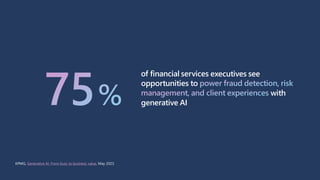 75%
of financial services executives see
opportunities to power fraud detection, risk
management, and client experiences w...