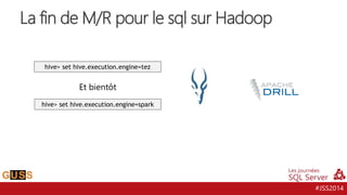 #JSS2014
La fin de M/R pour le sql sur Hadoop
hive> set hive.execution.engine=tez
Et bientôt
hive> set hive.execution.engine=spark
 