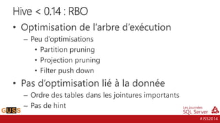 #JSS2014
• Optimisation de l’arbre d’exécution
– Peu d’optimisations
• Partition pruning
• Projection pruning
• Filter push down
• Pas d’optimisation lié à la donnée
– Ordre des tables dans les jointures importants
– Pas de hint
Hive < 0.14 : RBO
 