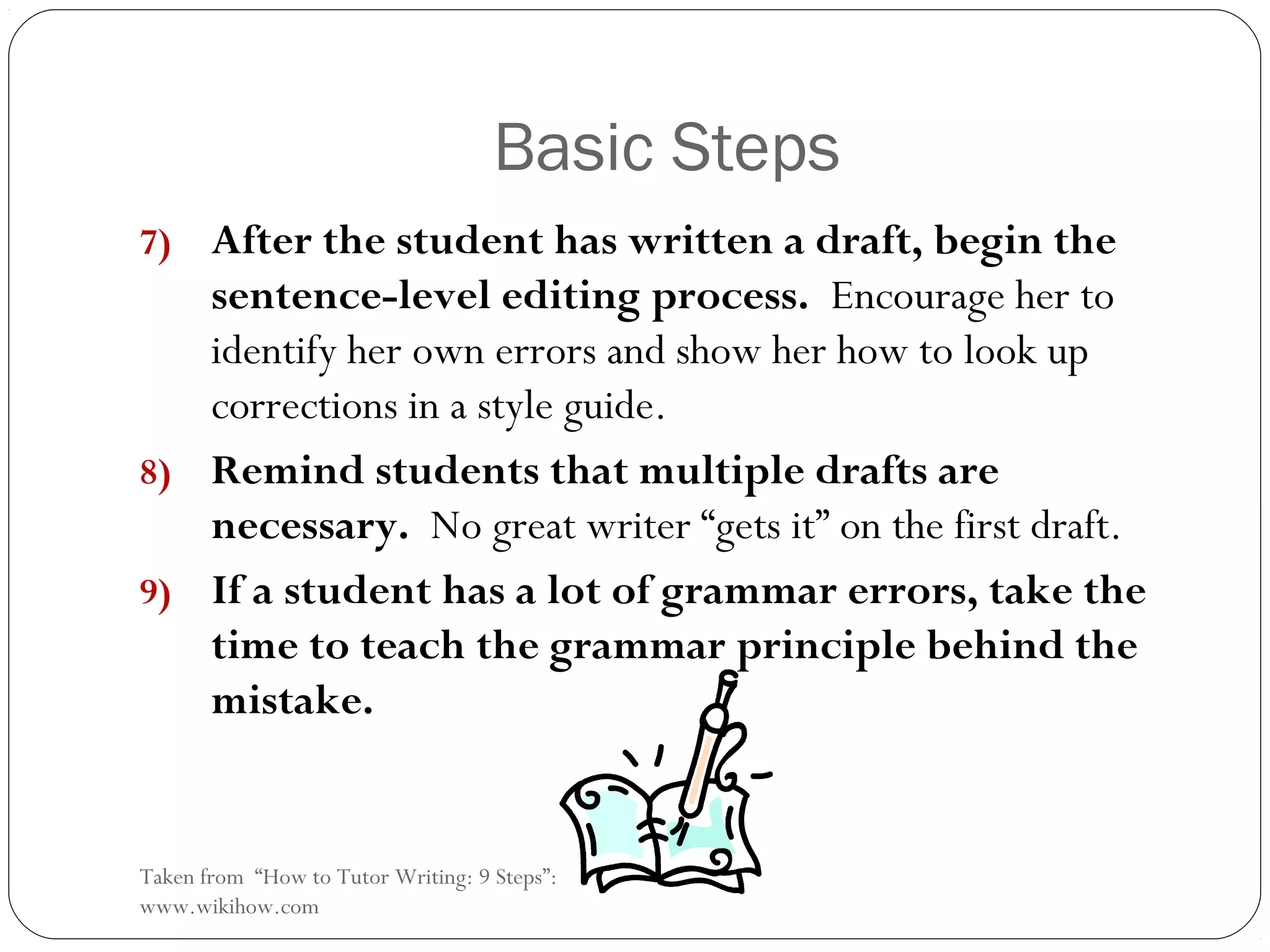 Basic Steps
After the student has written a draft, begin the
sentence-level editing process. Encourage her to
identify her own errors and show her how to look up
corrections in a style guide.
8) Remind students that multiple drafts are
necessary. No great writer “gets it” on the first draft.
9) If a student has a lot of grammar errors, take the
time to teach the grammar principle behind the
mistake.
7)

Taken from “How to Tutor Writing: 9 Steps”:
www.wikihow.com

 