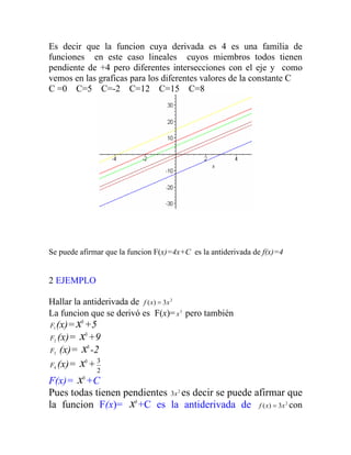 Es decir que la funcion cuya derivada es 4 es una familia de
funciones en este caso lineales cuyos miembros todos tienen
pendiente de +4 pero diferentes intersecciones con el eje y como
vemos en las graficas para los diferentes valores de la constante C
C =0 C=5 C=-2 C=12 C=15 C=8
Se puede afirmar que la funcion F(x)=4x+C es la antiderivada de f(x)=4
2 EJEMPLO
Hallar la antiderivada de 2
3
)
( x
x
f =
La funcion que se derivó es F(x)= pero también
3
x
1
F (x)= 3
x +5
2
F (x)= 3
x +9
3
F (x)= 3
x -2
4
F (x)= 3
x +
2
3
F(x)= 3
x +C
Pues todas tienen pendientes es decir se puede afirmar que
la funcion F(x)=
2
3x
3
x +C es la antiderivada de con
2
3
)
( x
x
f =
 