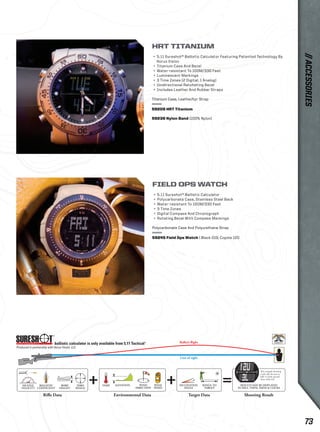 ® 
HRT TITANIUM 
+ 5.11 Sureshot® Ballistic Calculator Featuring Patented Technology By 
Horus Vision 
+ Titanium Case And Bezel 
+ Water-resistant To 100M/330 Feet 
+ Luminescent Markings 
+ 3 Time Zones (2 Digital, 1 Analog) 
+ Unidirectional Ratcheting Bezel 
+ Includes Leather And Rubber Straps 
Titanium Case, Leather/tpr Strap 
59209 HRT Titanium 
59238 Nylon Band (100% Nylon) 
FIELD OPS WATCH 
+ 5.11 Sureshot® Ballistic Calculator 
+ Polycarbonate Case, Stainless Steel Back 
+ Water-resistant To 100M/330 Feet 
+ 3 Time Zones 
+ Digital Compass And Chronograph 
+ Rotating Bezel With Compass Markings 
Polycarbonate Case And Polyurethane Strap 
59245 Field Ops Watch | Black 019, Coyote 120 
// ACCESSORIES 
73 
 